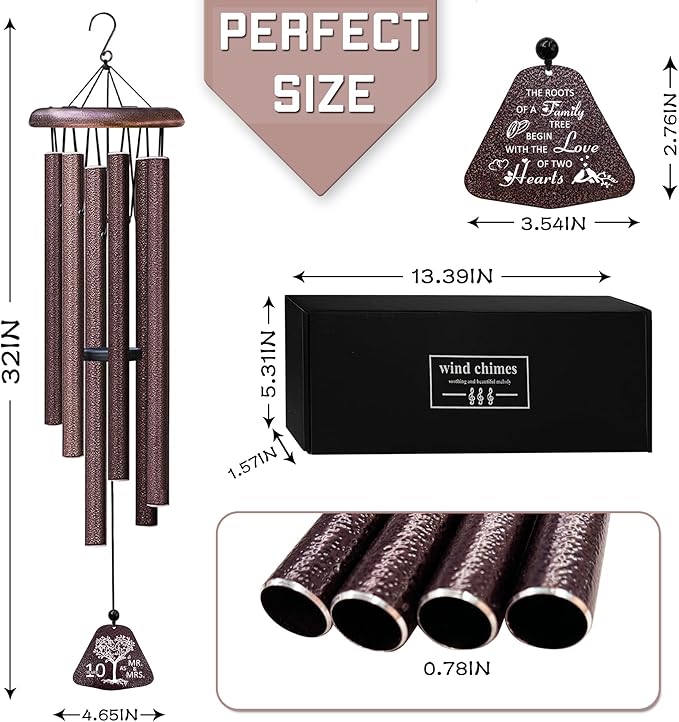10 Year Anniversary Wedding Gifts for Him Her Wife Husband Couple Wind Chimes 32", Ten Year Anniversary Tin Gift, Romantic 10th Anniversary's Romantic Decorations for Him Her Women Men