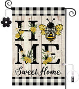 ORTIGIA Home Sweet Home Bee Garden Flag Double Sided 12.5x18 Inch, Spring Summer Yellow Flower Buffalo Plaid Check Small Yard Flag Burlap Farmhouse Rustic Outside Outdoor Lawn Patio Decor