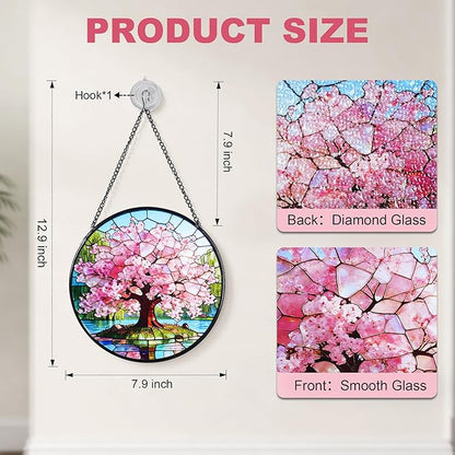 Stained Glass Window Hanging, Pink Cherry Blossom Tree Suncatcher 7.8 in Sun Catcher Boho Wall Art Decor with Chain Diamond Glass Panel Hangings Scenery Sun Catchers Decor for Lover Couple Mom