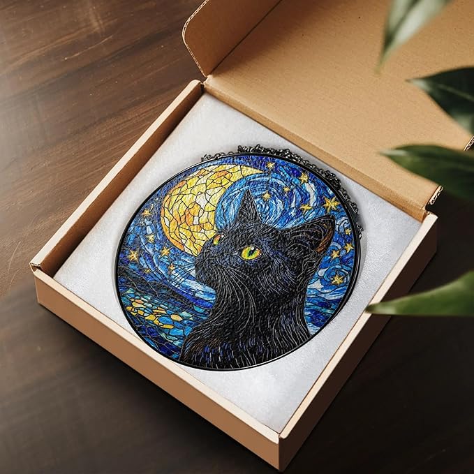 Black Cat Stained Glass Suncatcher Window Hanging Decor for Garden, Starry Night Cat Suncatcher Window Panel Gifts for Cats Lovers, Memorial Gifts for Pet Loss Sympathy Gift for Outdoor Decorations