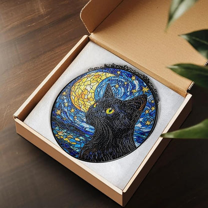 Black Cat Stained Glass Suncatcher Window Hanging Decor for Garden, Starry Night Cat Suncatcher Window Panel Gifts for Cats Lovers, Memorial Gifts for Pet Loss Sympathy Gift for Outdoor Decorations