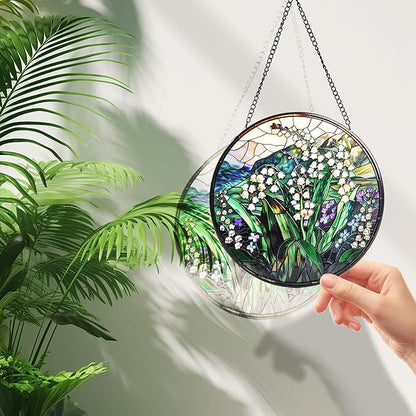 Staied Glass Window Hanging, White Green Lily Sun Catcher for Door Terrace Garden Kitchen Home Decor, Plants Flowers Suncatchers for Christmas Mother's Day Birthday Gift for Women Men Mom Nana 6.3 in