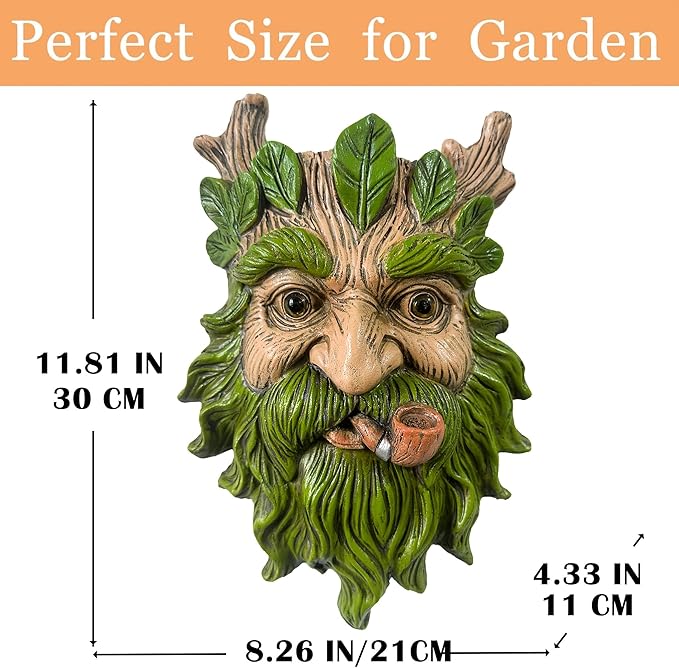 Teaeeno Whimsical Tree Face Garden Decoration, 11.8 in Tree Faces Decor Outdoor Wallmounted Statue Art with Leaf Features, Outdoor Decor Garden Accessory (Nature and Outdoors)