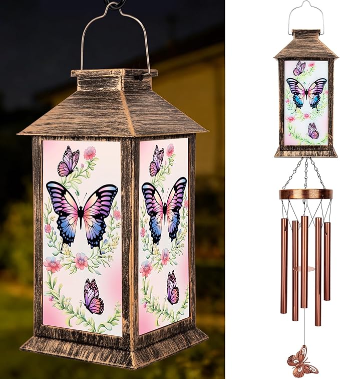 YHmall Wind Chimes for Outside, 37" Hanging Solar Windchimes Outdoors Memorial Butterfly Gifts for Women Mom Grandma, Solar Lanterns Wind Chimes for Home Patio Yard Garden Decor