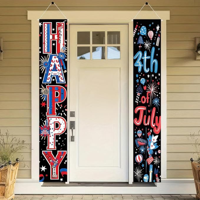 BlissYard 4th of July Decorations 2Pcs Patriotic Decor Door Banner American Flag USA Banners Hanging Porch Signs for Memorial Veterans Labor Independence Day for Front Decor Yard Indoor Outdoor Supplies