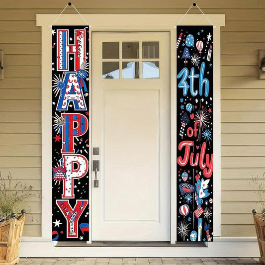 BlissYard 4th of July Decorations 2Pcs Patriotic Decor Door Banner American Flag USA Banners Hanging Porch Signs for Memorial Veterans Labor Independence Day for Front Decor Yard Indoor Outdoor Supplies