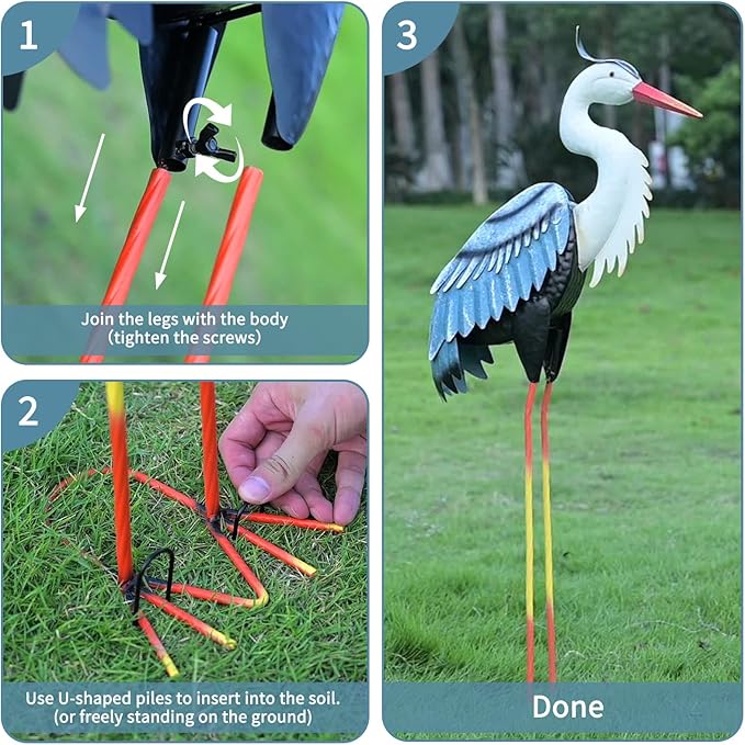 Crane Garden Metal Decor Statue - Large Standing Crane Statue, Metal Birds Yard Art Outdoor Sculpture, Heron Decoration Bird, Outdoor Backyard Decor, Patio, Porch, Lawn Ornament, Yard Decoration