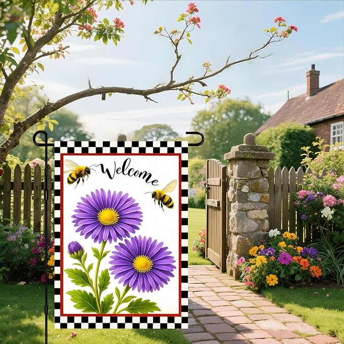 IVN Welcome Garden Flag 12x18 Inch Double Sided Spring Garden Yard Flags Bee Purple Daisy Decorative Small Flags for Outdoor Seasonal Front Door Lawn Porch Patio Decor Yard Flag