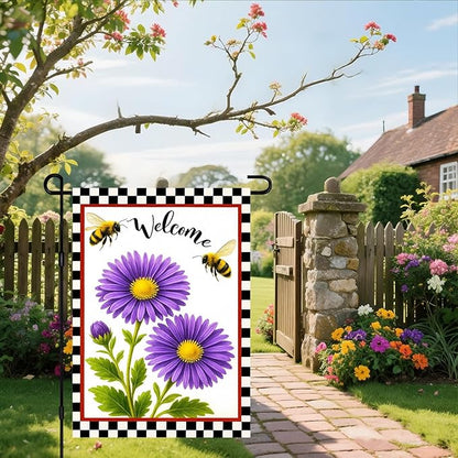 IVN Welcome Garden Flag 12x18 Inch Double Sided Spring Garden Yard Flags Bee Purple Daisy Decorative Small Flags for Outdoor Seasonal Front Door Lawn Porch Patio Decor Yard Flag