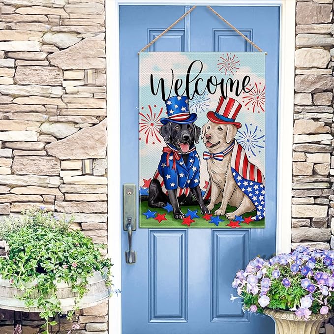 Welcome 4th of July Dog Patriotic Decorative House Flag, Black Labrador Pet Firework Garden Yard Outside Decoration, American Summer Outdoor Large Home Decor Dog Lover Gifts Double Sided 28x40