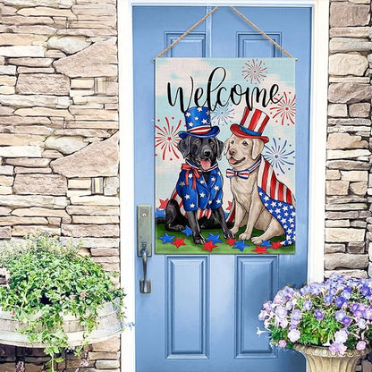 Welcome 4th of July Dog Patriotic Decorative House Flag, Black Labrador Pet Firework Garden Yard Outside Decoration, American Summer Outdoor Large Home Decor Dog Lover Gifts Double Sided 28x40