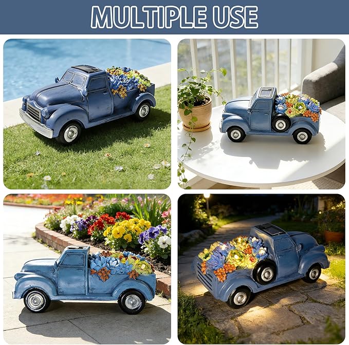 Solar Garden Decor Outdoor Statues Truck with Succulent and 7 LED Lights, Yard Decor for Outside, Yard Art Gardening Gifts for Women Mom Grandma (Blue Truck)