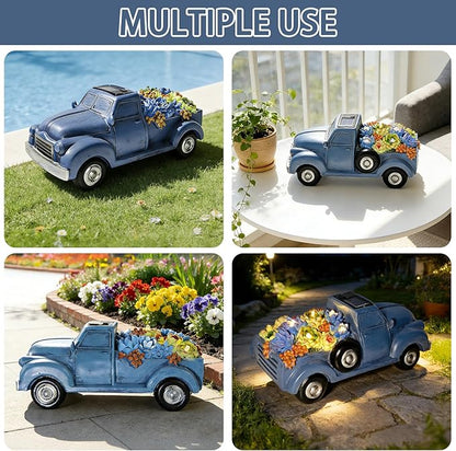 Solar Garden Decor Outdoor Statues Truck with Succulent and 7 LED Lights, Yard Decor for Outside, Yard Art Gardening Gifts for Women Mom Grandma (Blue Truck)