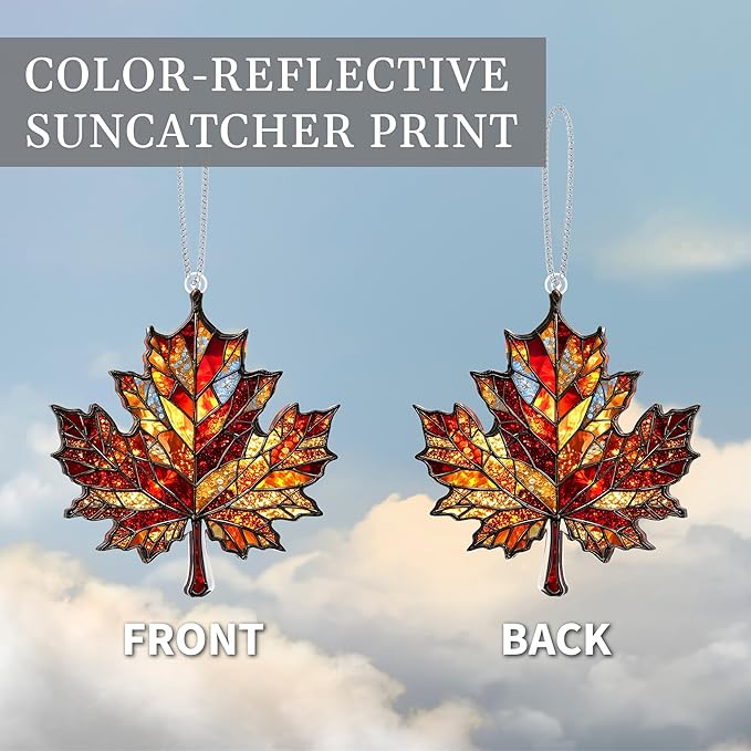 Maple Leaf Suncatcher, Faux Stained Glass Fall Suncatchers for Windows Hanging, Thanksgiving, 2D Acrylic Maple Leaves Fall Ornaments, Xmas Tree Decorations, Autumn Decor (Maples Leaf)