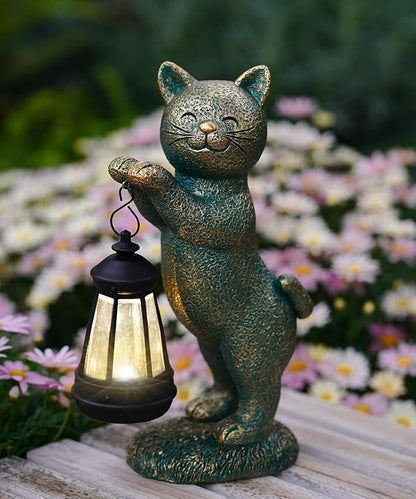Cat Statues for Garden Decor: Outdoor Sculpture with Warm Lights for Balcony Lawn Patio Yard - Gifts for Mom Grandma Women