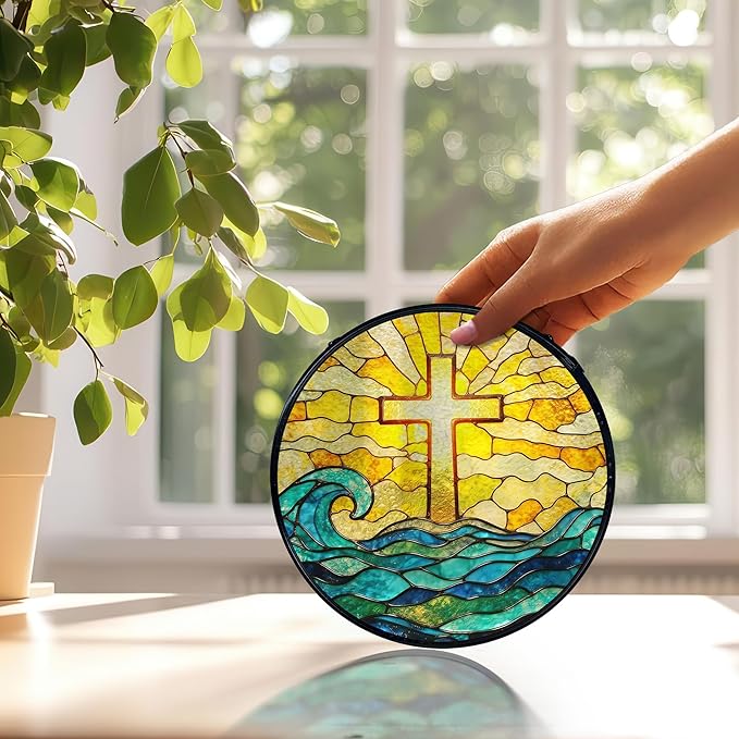 Easter Coastal Christian Cross Suncatchers Stained Glass Window Hanging, Ocean Beach Cross Sun Catchers Indoor Window Glass Round Wall Decor, Christian Wall Hanging Decorations, 7.9x7.9in