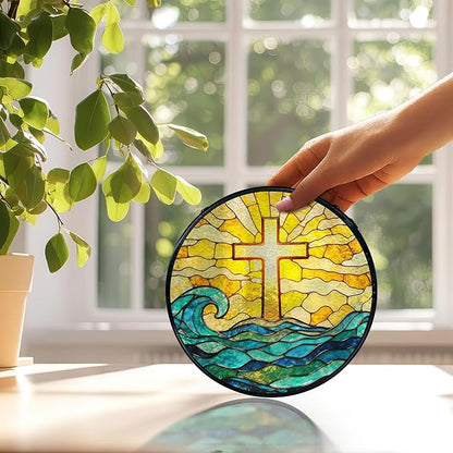 Easter Coastal Christian Cross Suncatchers Stained Glass Window Hanging, Ocean Beach Cross Sun Catchers Indoor Window Glass Round Wall Decor, Christian Wall Hanging Decorations, 7.9x7.9in