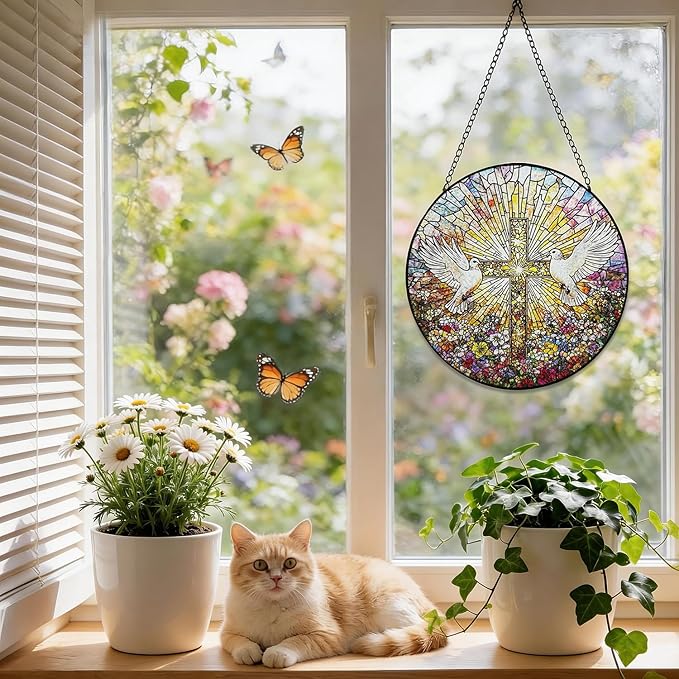 Stained Glass Window Hanging, 8 Inch White Pigeon Cross Suncatcher, Sun Catchers Indoor Window, Flowers Birds Cross Religious Home Garden Decor Glass Panel, Easter Faith Christian Gifts for Women Men