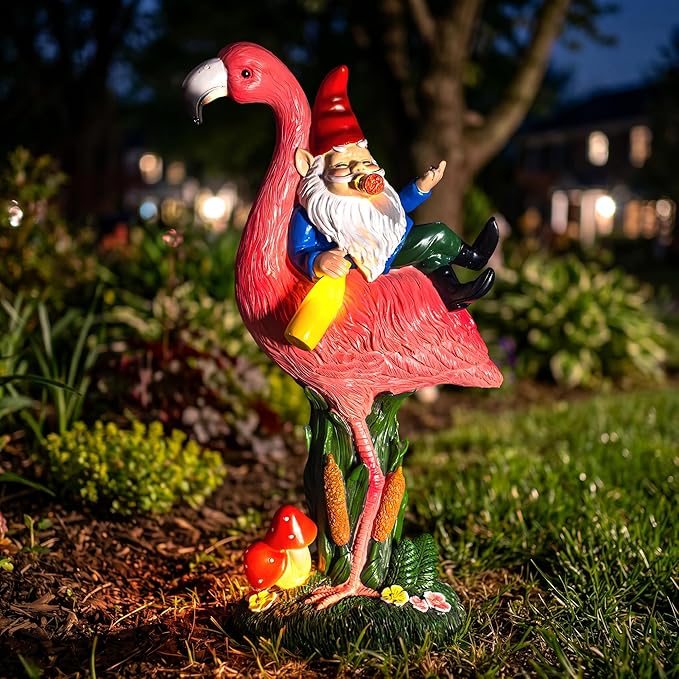Candieslife Funny Garden Gnome Riding Flamingo Statue - Solar Powered LED Light Up Yard Art, Weatherproof Outdoor Lawn Ornament Decor for Patio Porch Lawn, Housewarming Birthday Gift for Men Women