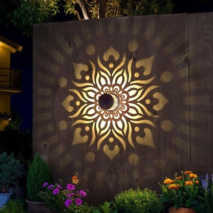 2 Pack Solar Fence Lights Metal Solar Powered Outdoor Wall Deck Step Lights Mandala Theme Waterproof Fence Light for Garden Post Patio Backyard Yard Decor, Gardening Gifts for Women Mom Grandma