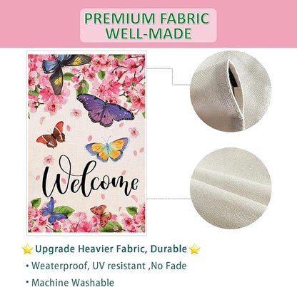 Baccessor Spring Summer House Flag Butterfly Flowers Cherry Blossom Yard Welcome Flag 28 X 40 Inch Double Sided Burlap Large Spring Summer Flag for Outside