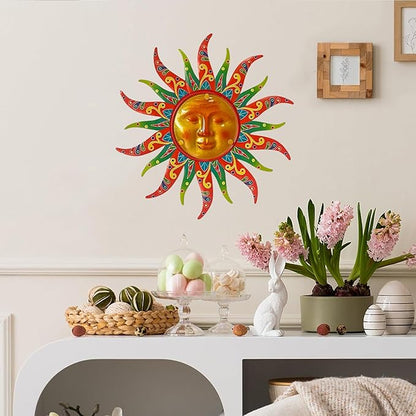 Metal Sun Wall Decor, 16 Inches, Colorful Sun Face Art Hanging for Indoor Outdoor Garden Farmhouse Yard Patio Fence Living Room Bedroom