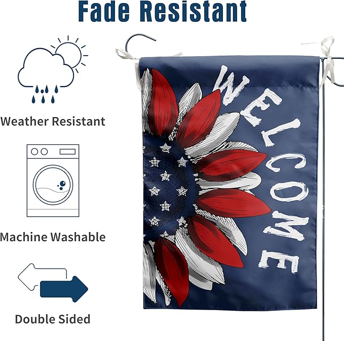 4th of July Sunflower House Flag Red White Blue Floral Garden Flags 28x40 Double Sided Large Memorial Independence Day Banner for Outside Outdoor Patriotic Decor