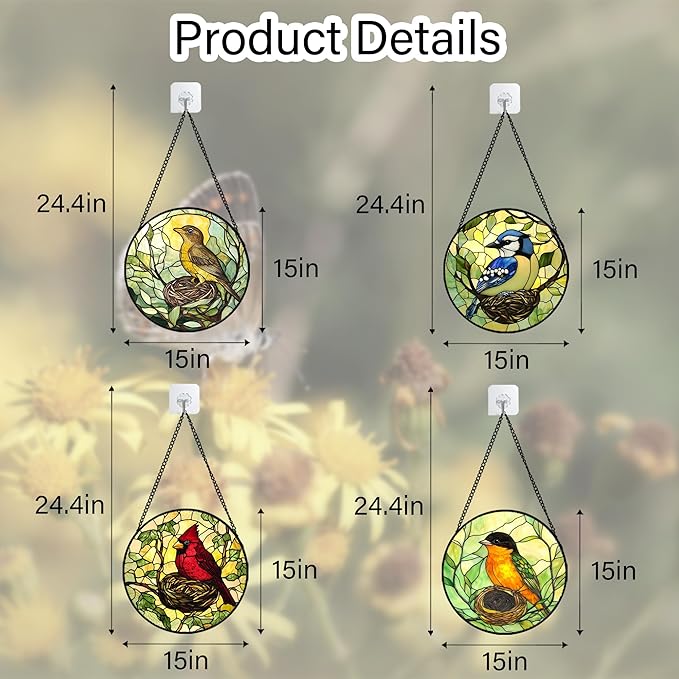 DASTOLL Stained Glass Window Hanging 4 Pcs Set Bird Theme On Branch Large 15" - Cardinal Suncatcher Door Garden Sun Catcher Decor Birthday Christmas for Mom Woman Nana Men