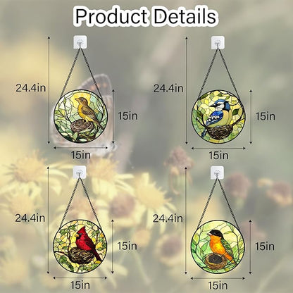 DASTOLL Stained Glass Window Hanging 4 Pcs Set Bird Theme On Branch Large 15" - Cardinal Suncatcher Door Garden Sun Catcher Decor Birthday Christmas for Mom Woman Nana Men