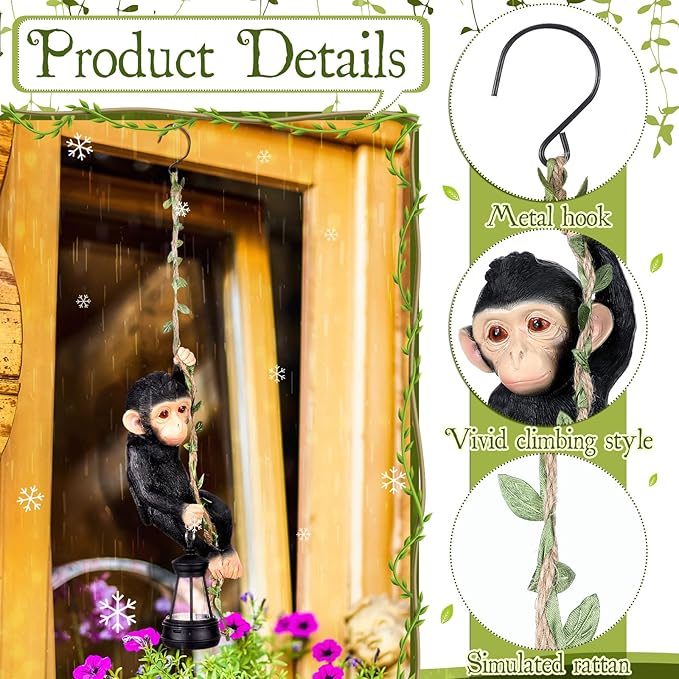 Rossesay Solar Light Outdoor Monkey Statues Black 7.48 Inch Resin Chimpanzee Baby Monkey Climbing on Vine with LED Lantern Waterproof Hanging Figurine with Hook for Yard Garden Wall