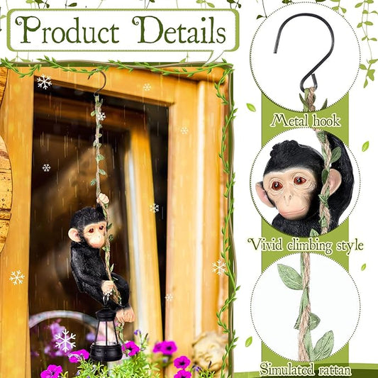 Rossesay Solar Light Outdoor Monkey Statues Black 7.48 Inch Resin Chimpanzee Baby Monkey Climbing on Vine with LED Lantern Waterproof Hanging Figurine with Hook for Yard Garden Wall