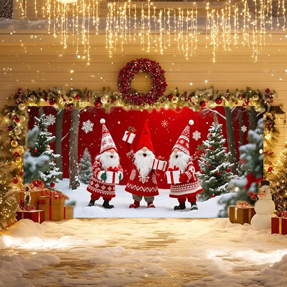 IVN Christmas Garage Door Cover Decoration 13x6ft Three Santas Gnome Red Gift Tree Snowy Trees Merry Christmas Garage Door Banner Home Door Front Yard Decor for Xmas Eve Holiday Outdoor