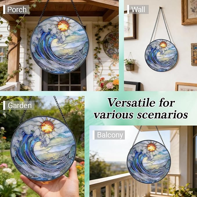 Stained Glass Window Hanging - 6.3 Inch Blue and White Waves Suncatcher, Sea Glass for Window Home Door Wall Garden Outdoor Decor and Christmas Birthday, Ocean Waves Sun Catcher Gifts for Women Men