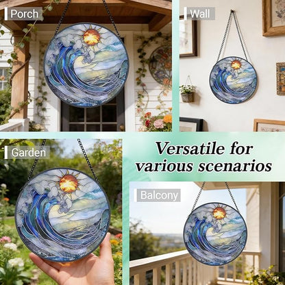 Stained Glass Window Hanging - 6.3 Inch Blue and White Waves Suncatcher, Sea Glass for Window Home Door Wall Garden Outdoor Decor and Christmas Birthday, Ocean Waves Sun Catcher Gifts for Women Men