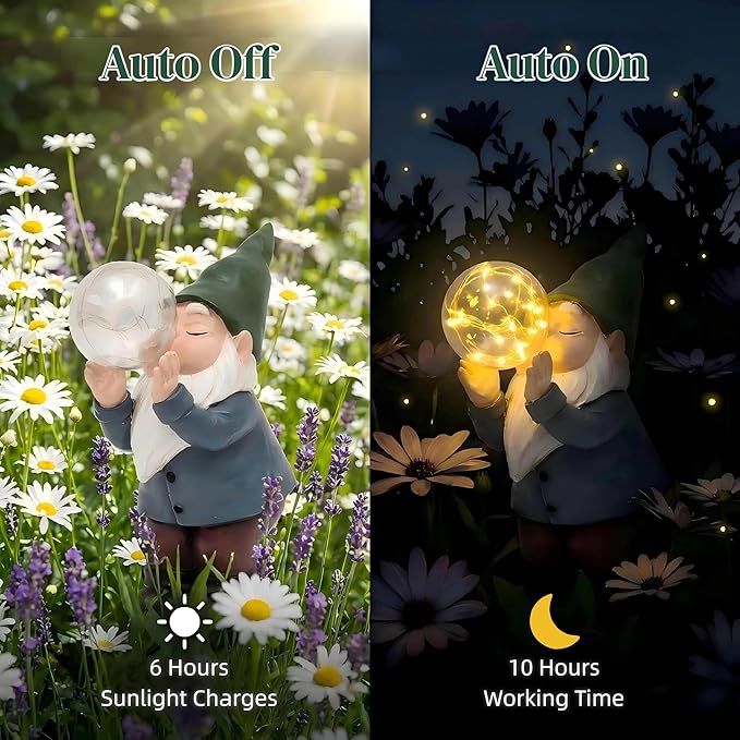 Solar Garden Gnome Statue with Light-Up Bubble, Whimsical Outdoor Decor Figurine with LED Fairy Lights for Patio, Lawn, Yard Art - Unique Waterproof Resin Gardening Gift