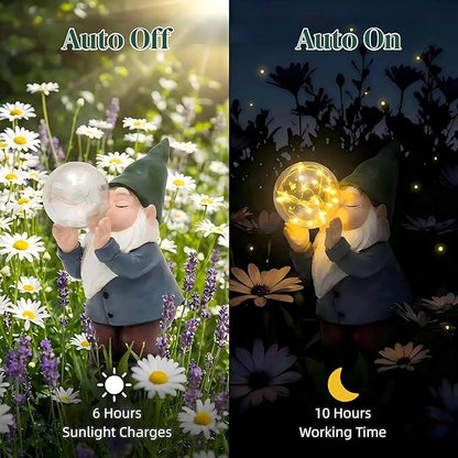 Solar Garden Gnome Statue with Light-Up Bubble, Whimsical Outdoor Decor Figurine with LED Fairy Lights for Patio, Lawn, Yard Art - Unique Waterproof Resin Gardening Gift