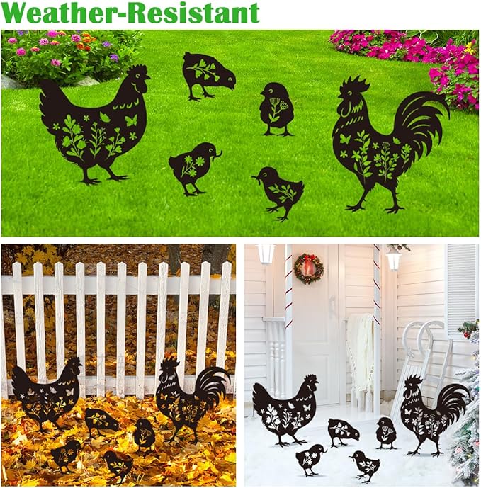 Chicken Garden Stake Outdoor Yard Decor – Set of 6 Metal Chicken Lawn Ornament, Women/Men Rooster Lover Gift, Weather-Resistant Silhouette Statues Yard Art for Patio