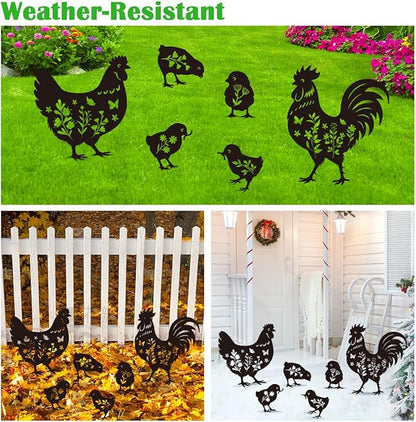 Chicken Garden Stake Outdoor Yard Decor – Set of 6 Metal Chicken Lawn Ornament, Women/Men Rooster Lover Gift, Weather-Resistant Silhouette Statues Yard Art for Patio