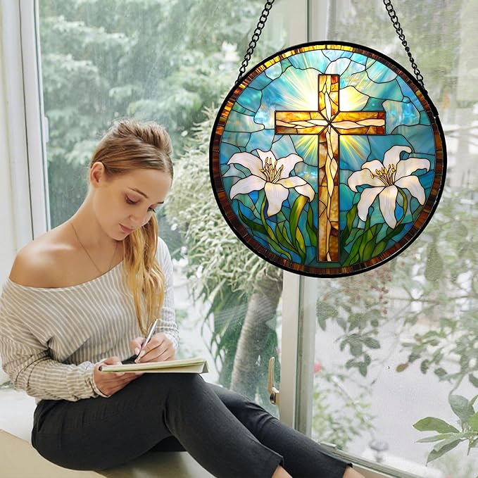 DASTOLL Christian Gifts for Women - Cross Stained Glass Window Hanging Jesus Easter White Lily Flower Sun Catcher Garden Religion Decor Mother's Day Catholic Gift for Men Grandma Mom Her Nana 9.8"