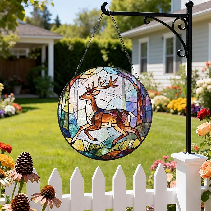 Stained Glass Window Hanging, Deer Circular Painted Glass Suncatcher with Chain & Suction Cup for Home Garden Door Decor, Birthday for Women Men Mom 7.8 in