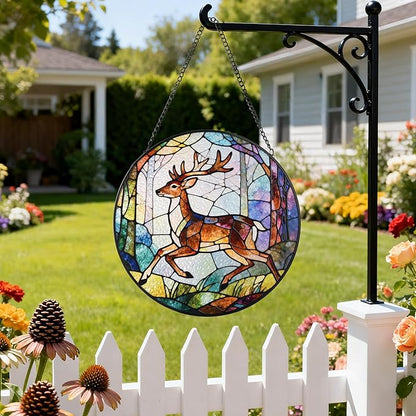 Stained Glass Window Hanging, Deer Circular Painted Glass Suncatcher with Chain & Suction Cup for Home Garden Door Decor, Birthday for Women Men Mom 7.8 in
