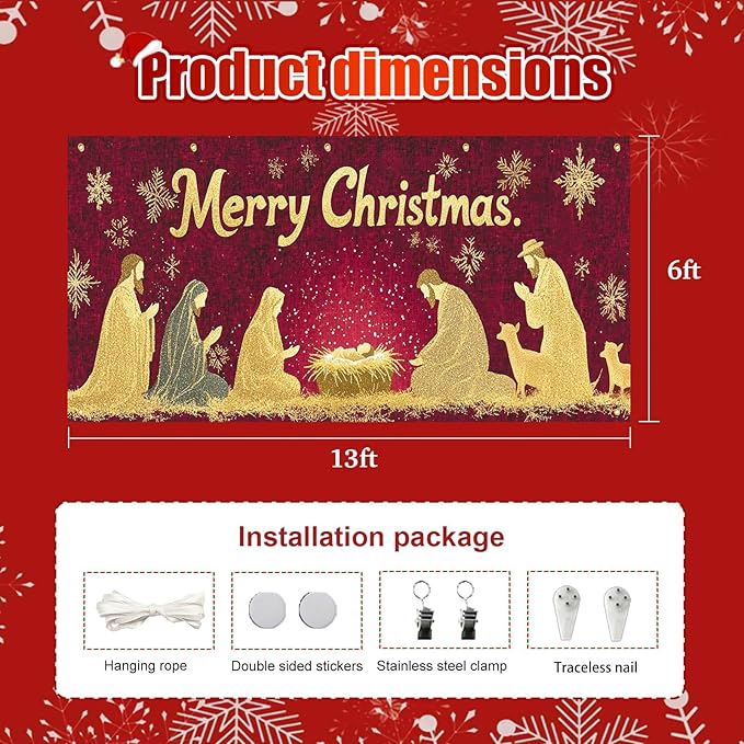 HOMETITUTE Merry Christmas Garage Door Banner 13x6ft Golden Glitter Nativity Scene Theme Backdrop Holiday Decor Winter Door Cover Banners for Outside Garage Wall Covering for Party Garage Decorations