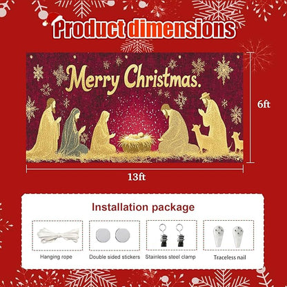 HOMETITUTE Merry Christmas Garage Door Banner 13x6ft Golden Glitter Nativity Scene Theme Backdrop Holiday Decor Winter Door Cover Banners for Outside Garage Wall Covering for Party Garage Decorations