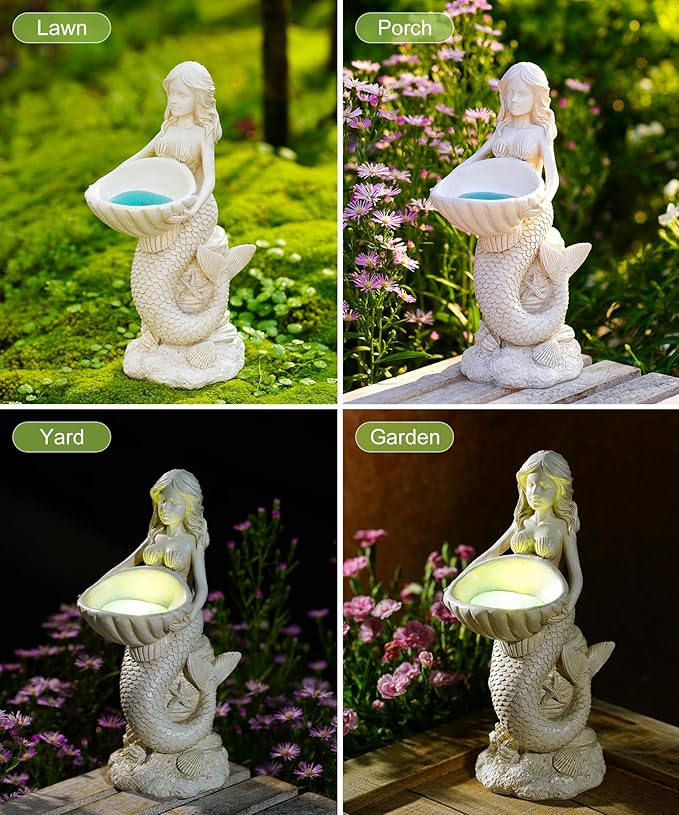 Nacome Solar Mermaids Birdbath Garden Decor: Outdoor Statues Ornaments for Outside Decorations Yard Art Lawn Porch Patio Balcony - Birthday Gifts for Mom Grandma Women Lover