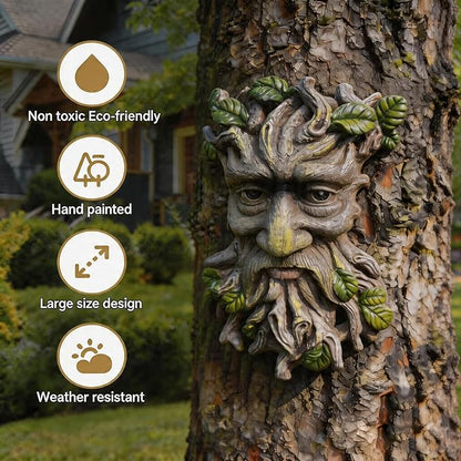 Tree Faces Decor Outdoor, Whimsical Old Man Resin Statue with Foliage Features, Large Outdoor Tree Hugger for Yard Art, Root Detail, Trees Decorations Outdoor Wallmounted Statue