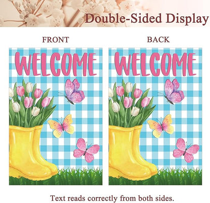 Spring Garden Flag 12"x18" Welcome Yellow Rain Boots with Pink Tulips Butterflies Blue Gingham Background Double Sided Outdoor Yard Porch Decor