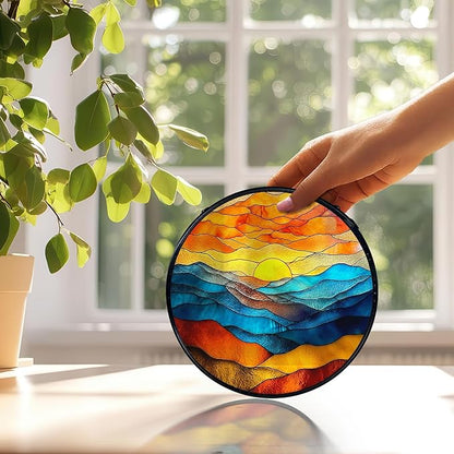 Mountain Sunset Suncatchers Stained Glass Window Hanging, Nature Mountain Landscape Sun Catchers Indoor Window Glass Round Wall Decor, Nature Wall Hanging Decorations, 7.9x7.9in