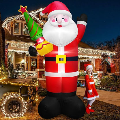 8 FT Tall Giant Santa Inflatable Christmas Decorations Outdoor Tree Blowups, Funny Cute Xmas Blow Up Yard Decoration Build-in LED Lights & Tethers Stakes Winter Holiday Indoor Party Garden Lawn Decor