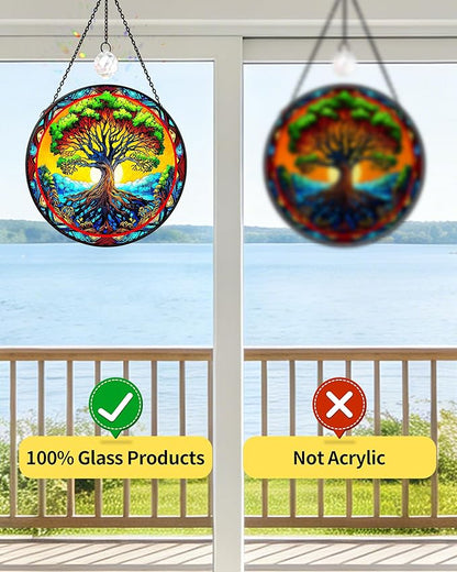 Tree of Life Stained Glass Suncatcher,Heart Shape Tree of Life Window Hanging Decor,Handmade Glass Sun Catcher with Crystal Prism, for Mom Housewarming Birthday Home Decor(7.8 in)