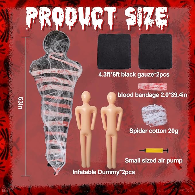 2 Sets Halloween Hanging Cocoon Corpse, 64'' Bloody Inflatable Cocoon Outdoor Decoration Set with Bandage, Scary Dead Body Prop Decor for Outdoor Halloween Party House Yard (Black)